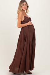 Brown Gathered Tie Front Maternity Maxi Dress