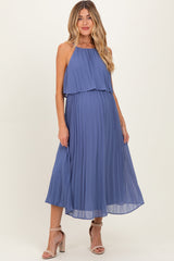 Light Navy Pleated Woven Maternity Midi Dress