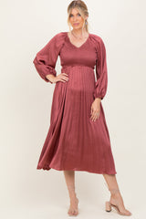 Mauve Satin Smocked Pleated Maternity Midi Dress
