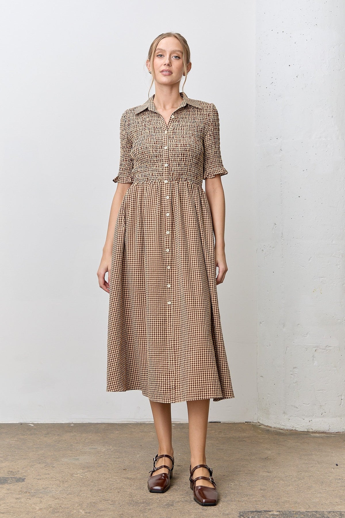 Mocha Gingham Smocked Button Down Maternity Midi Dress