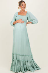 Sage Solid 3/4 Sleeve Smocked Top Tiered Maternity Maxi Dress
