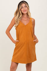 Mustard Solid Corduroy V-Neck A-Line Maternity Mini Dress