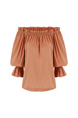 Vittoria Frill Trim Off Shoulder Long Sleeve Top Coffee