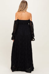 Black Lace Smocked Long Sleeve Off Shoulder Maternity Maxi Dress
