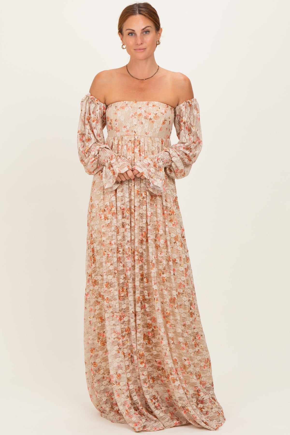 Multi Color Floral Lace Smocked Long Sleeve Off Shoulder Maternity Maxi Dress