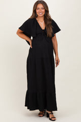Black Woven Textured Flutter Sleeve V-Neck Tiered Maternity Maxi Dress