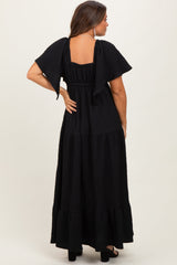 Black Woven Textured Flutter Sleeve V-Neck Tiered Maternity Maxi Dress