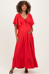Red Woven Textured Flutter Sleeve V-Neck Tiered Maternity Maxi Dress