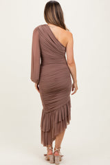 Mocha Mesh Ruched One Shoulder Asymmetric Maternity Dress