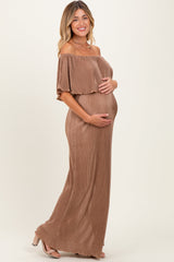 Mocha Pleated Ruffle Off Shoulder Maternity Maxi Dress