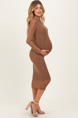Mocha Rhinestone Mesh Long Sleeve Maternity Midi Dress