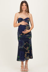 Navy Floral Mesh Ruched Maternity Midi Dress