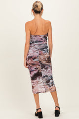 Mauve Floral Mesh Strapless Ruched Maternity Midi Dress