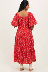 Red Floral Tiered Puff Sleeve Maternity Midi Dress