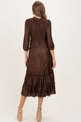 Brown Pleated Satin Smocked Bodice Maternity Midi Dress