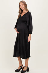Black Satin Smocked Pleated Maternity Midi Dress