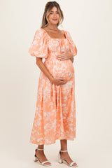 Peach Floral Textured Puff Sleeve Maternity Midi Dress