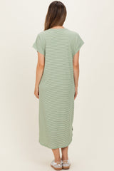 Sage Striped Button Detail Maternity Midi Dress