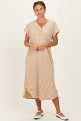 Camel Striped Button Detail Maternity Midi Dress