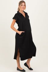 Black Collared Oversized Maternity Midi Dress