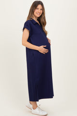 Navy Collared Oversized Maternity Midi Dress
