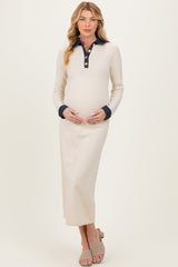 Cream Denim Trim Maternity Knit Dress