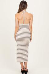 Cream Striped Halter Open Back Maternity Midi Dress