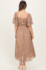 Mocha Lace Puff Sleeve Maternity Midi Dress