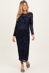 Navy Floral Flocked Mesh Long Sleeve Maternity Midi Dress