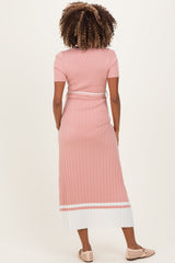 Mauve Knit Pleated Sash Tie Maternity Midi Dress