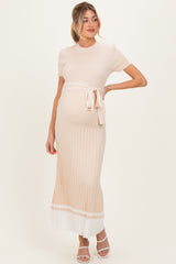 Beige Knit Pleated Sash Tie Maternity Midi Dress
