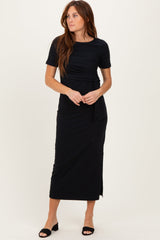 Black Short Sleeve Waist Tie Side Slit Maternity Maxi Dress