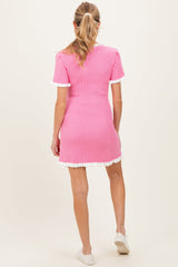 Pink Ribbed Knit Ruffle Trim Maternity Mini Dress