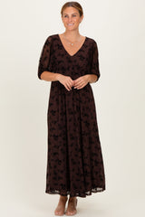 Brown Floral Mesh 3/4 Sleeve V-Neck Maternity Maxi Dress