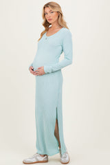 Mint Ribbed Long Sleeve Side Slit Maternity Maxi Dress
