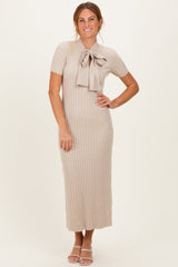 Oatmeal Ribbed Knit Tie Neck Maternity Midi Dress
