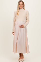 Light Beige Knit Contrast Top Satin Maternity Midi Dress