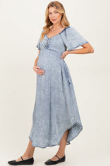 Light Blue Chambray Cinched Tie Bust Maternity Maxi Dress