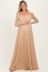 Gold Floral Lace Long Sleeve Off Shoulder Maternity Maxi Dress