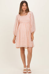 Peach Textured Dot Smocked Square Neck Chiffon Maternity Dress