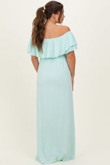 Mint Ruffle Off Shoulder Maternity Maxi Dress