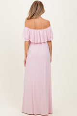 Light Pink Ruffle Off Shoulder Maternity Maxi Dress