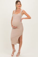 Light Taupe Cutout Fitted Maternity Midi Dress