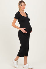 Black Ribbed Fitted Maternity Midi Dress