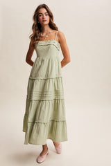 Sage Embroidered Ruffle Tiered Maternity Maxi Dress