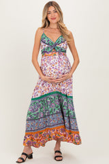 Multicolor Colorblock Floral Twist Front Cutout Maternity Maxi Dress