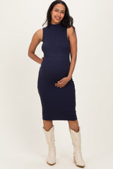 Navy Ribbed Mock Neck Maternity Midi Dress