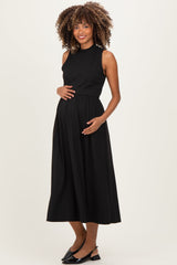 Black Ribbed Mock Neck Sleeveless Maternity Midi Dress