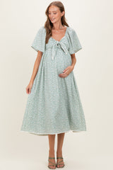 Sage Floral Tie Front Flutter Sleeve Maternity Midi Dress