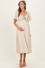 Butter Yellow Floral Tie Front Flutter Sleeve Maternity Midi Dress
